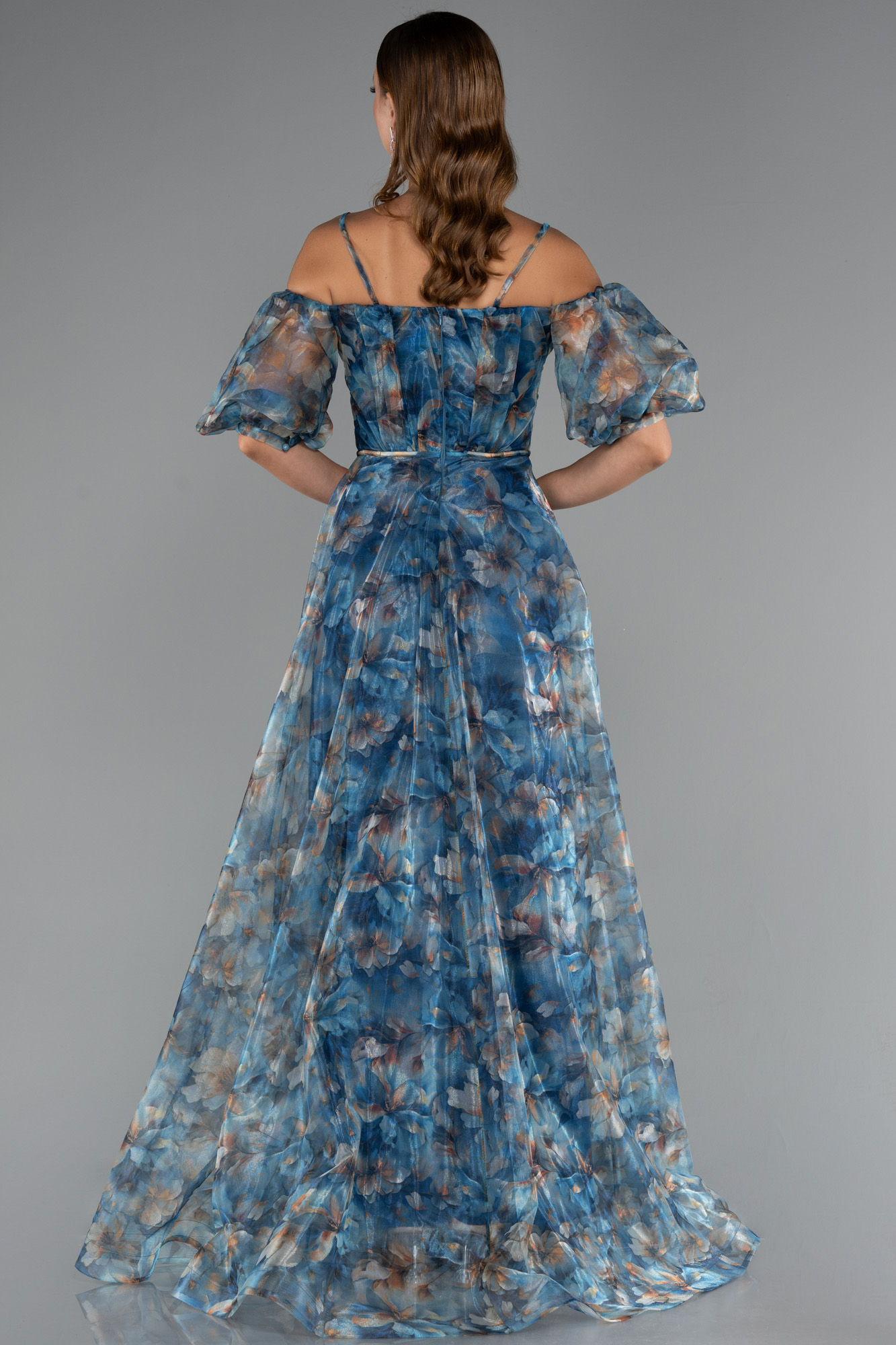 Petrol Yeşili Yırtmaçlı Balon Kol Uzun Desenli Abiye ABU5221 - Görsel 2