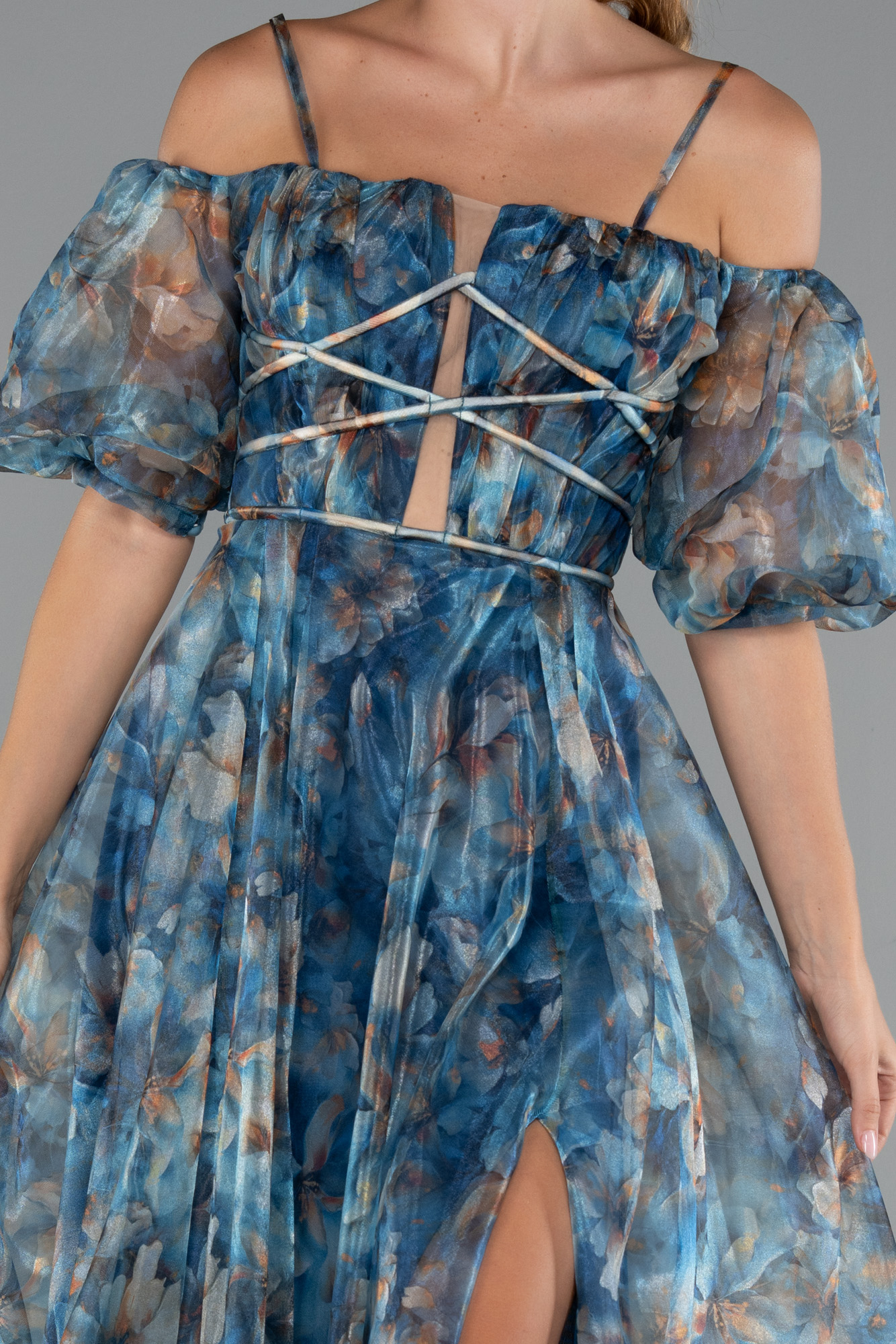 Petrol Yeşili Yırtmaçlı Balon Kol Uzun Desenli Abiye ABU5221 - Görsel 3