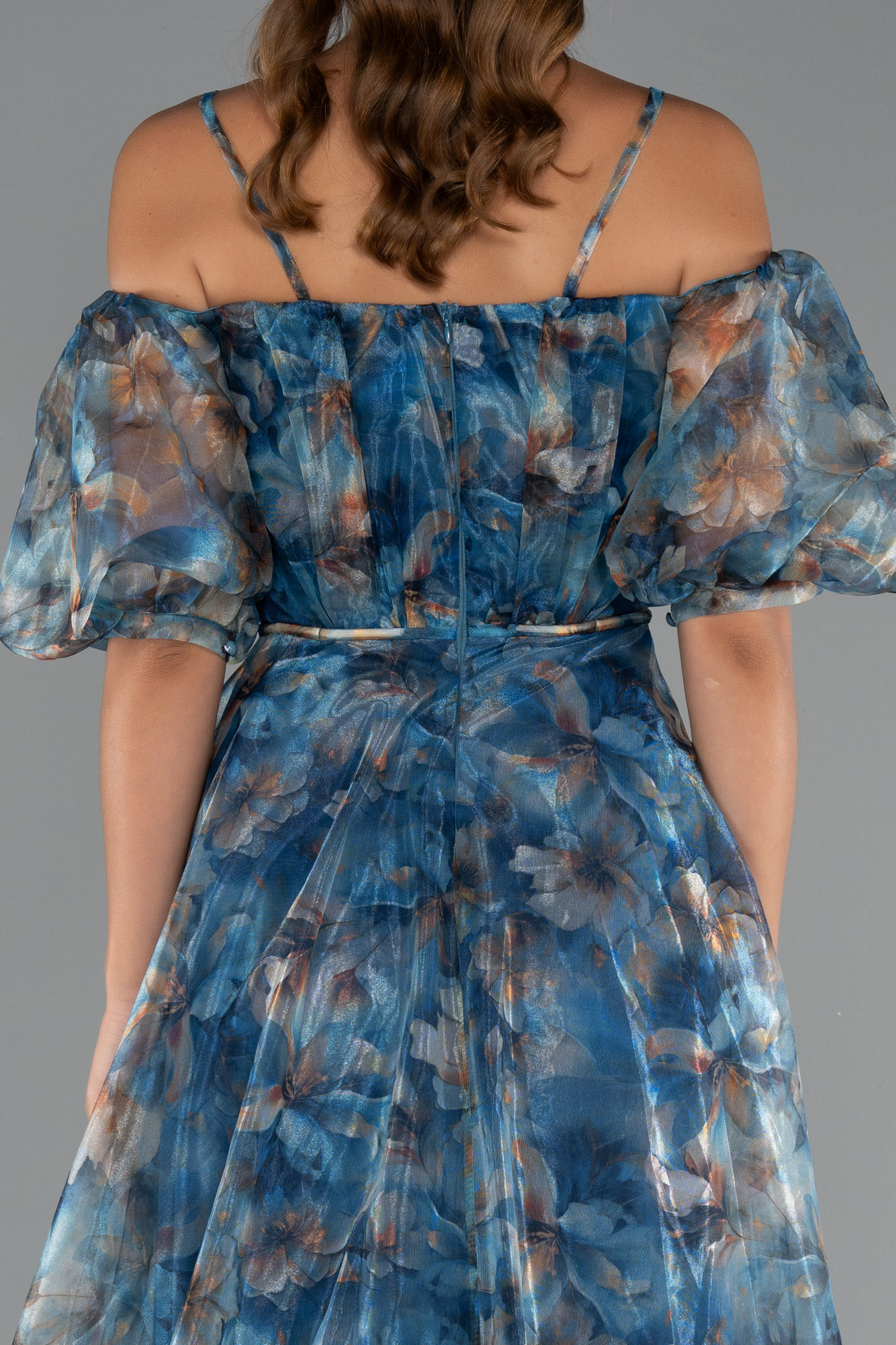 Petrol Yeşili Yırtmaçlı Balon Kol Uzun Desenli Abiye ABU5221 - Görsel 4