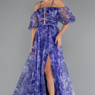 Mor Bacak Dekolteli Balon Kol Uzun Desenli Abiye ABU5221