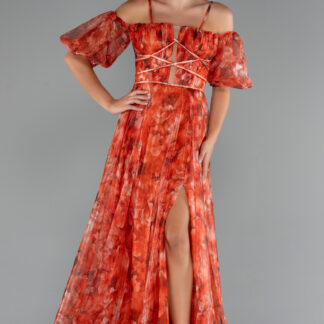 Orange Bacak Dekolteli Balon Kol Uzun Desenli Abiye ABU5221