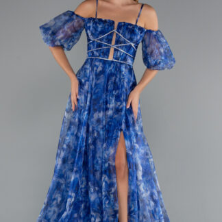 Saks Mavi Bacak Dekolteli Balon Kol Uzun Desenli Abiye ABU5221