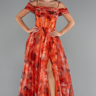 Orange Yırtmaçlı Balenli Uzun Empirme Abiye Elbise ABU5133