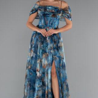 Petrol Yeşili Yırtmaçlı Uzun Empirme Abiye Elbise ABU5133