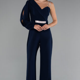 Lacivert Tek Kol Uzun Abiye Tulum ABT133