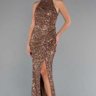 Bakır Halter Yaka Bacak Dekolteli Uzun Pullu Abiye ABU5135