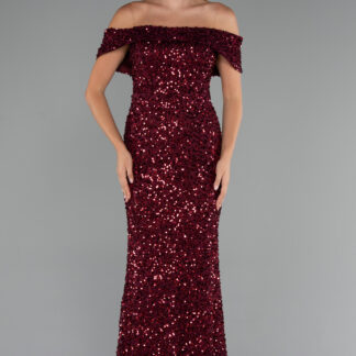 Bordo Kayık Yaka Uzun Pullu Balık Abiye Elbise ABU4778