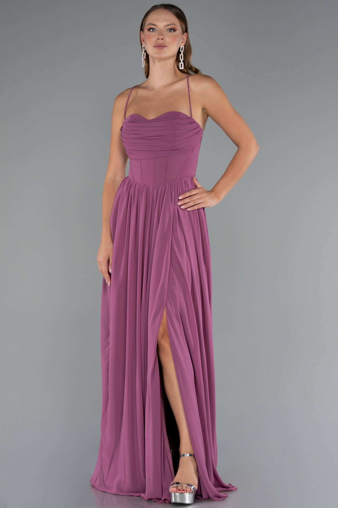 Gül Kurusu Sırt Ve Bacak Dekolteli Uzun Şifon Abiye ABU5223