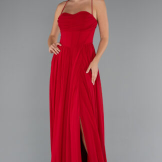 Kırmızı Sırt Ve Bacak Dekolteli Drapeli Uzun Şifon Abiye ABU5223
