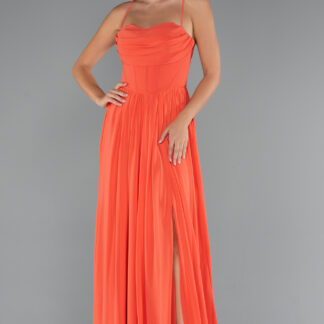 Orange Sırt Ve Bacak Dekolteli Drapeli Uzun Şifon Abiye ABU5223
