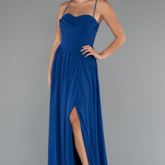 Saks Mavi Sırt Ve Bacak Dekolteli Uzun Şifon Abiye ABU5223