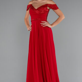 Kırmızı Pullu Kayık Yaka Uzun Şifon Abiye Elbise ABU5225