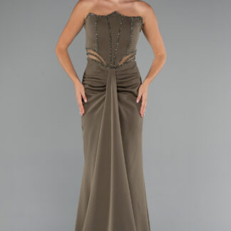 Haki Taş İşlemeli Straplez Uzun Abiye Elbise ABU5227