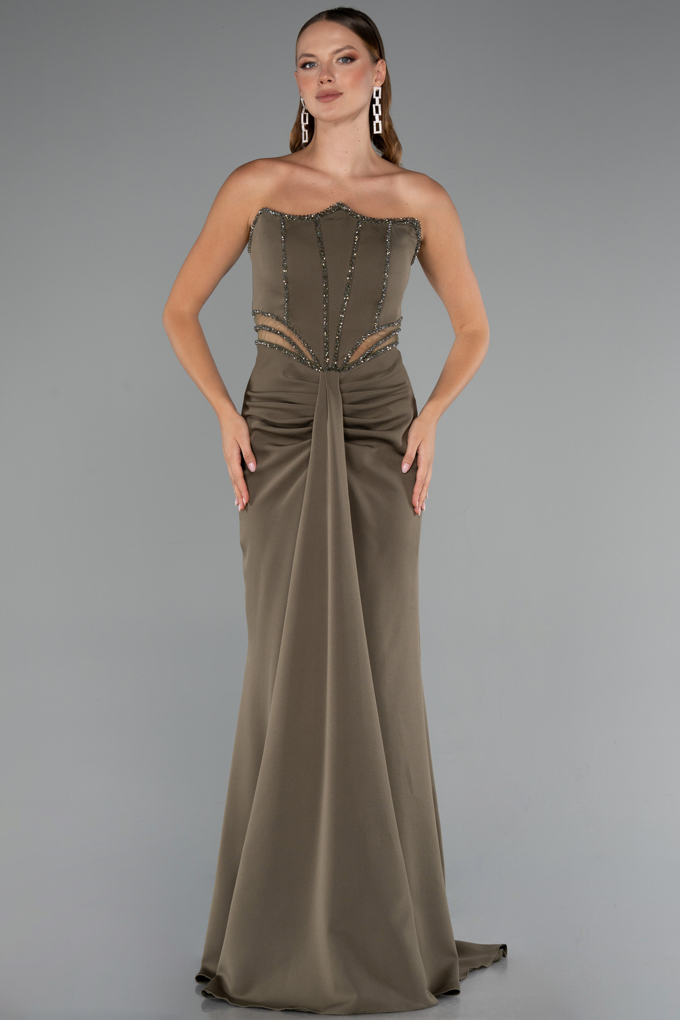 Haki Taş İşlemeli Straplez Uzun Abiye Elbise ABU5227