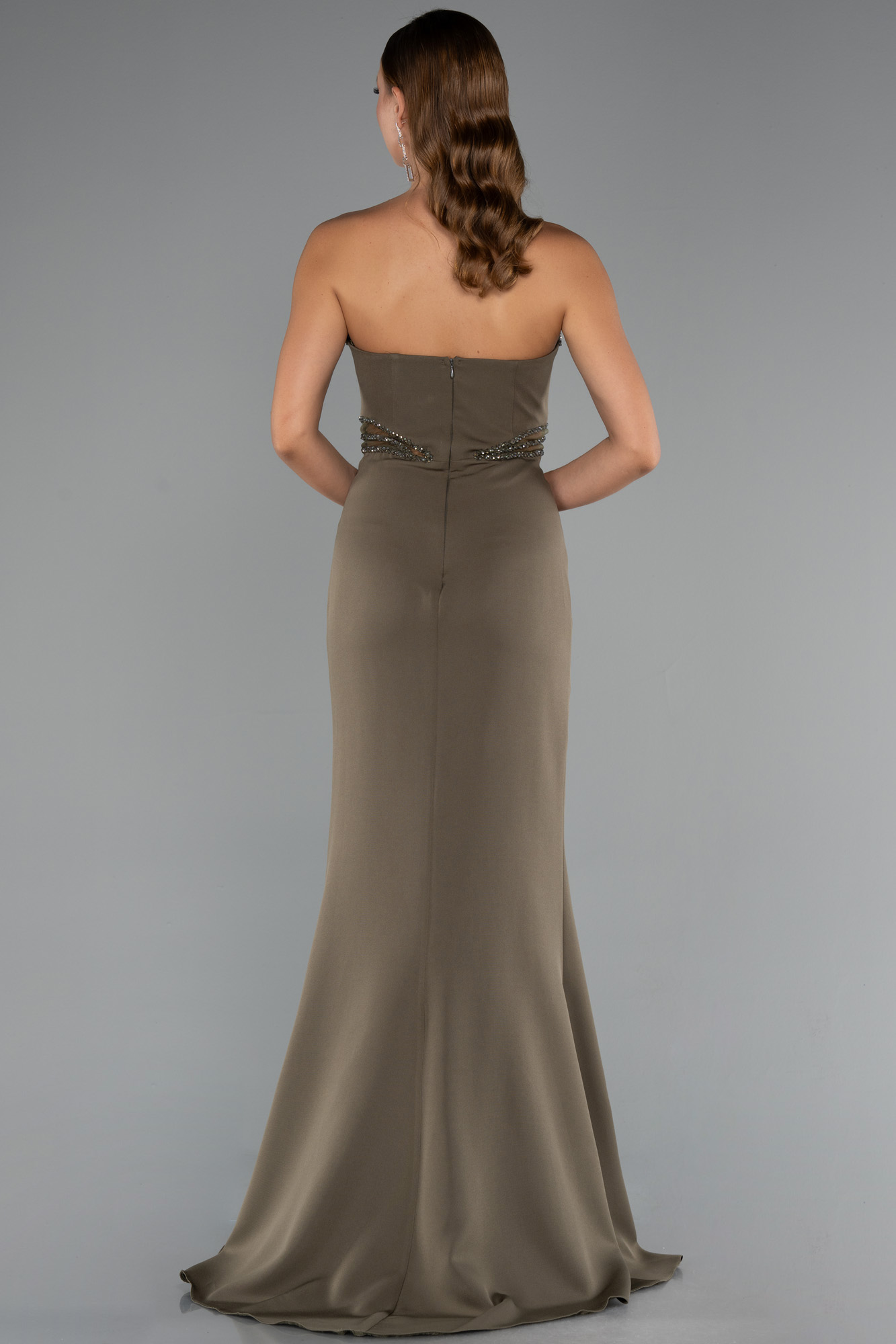 Haki Taş İşlemeli Straplez Uzun Abiye Elbise ABU5227 - Görsel 2