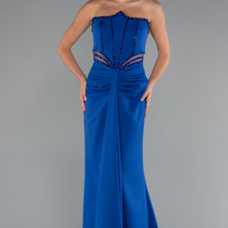 Saks Mavi Taş İşlemeli Straplez Uzun Abiye Elbise ABU5227