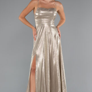 Gold Bacak Ve Sırt Dekolteli Parlak Kumaş Uzun Abiye ABU4996