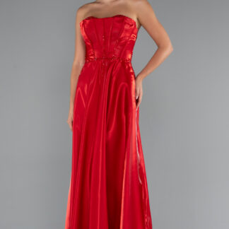 Kırmızı Taşlı Straplez Yaka Uzun Tafta Abiye ABU5228