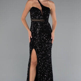 Siyah Tek Omuz Bacak Dekolteli Uzun Pullu Abiye ABU5229