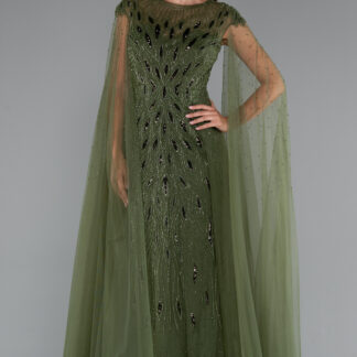 Haki Taş İşleme Pelerinli Uzun Özel Tasarım Abiye ABU4707