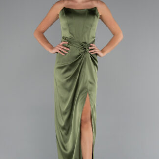 Haki Straplez Balen Korse Yırtmaçlı Uzun Saten Abiye ABU3474