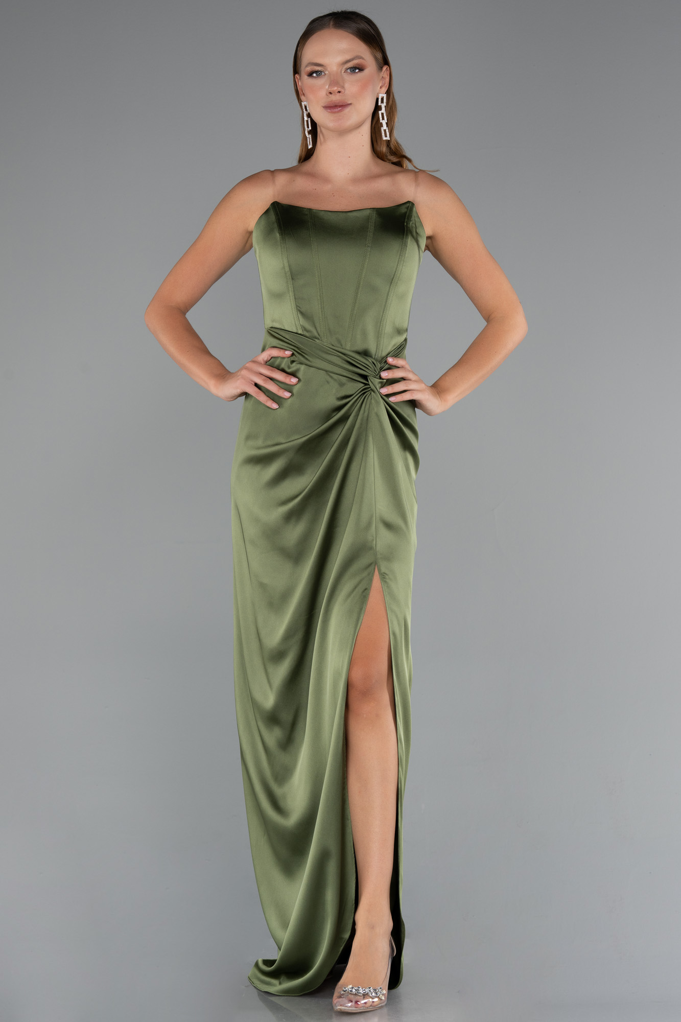 Haki Straplez Balen Korse Yırtmaçlı Uzun Saten Abiye ABU3474