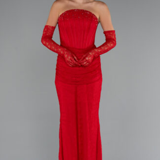 Kırmızı Taşlı Straplez Eldivenli Uzun Dantel Balık Abiye ABU5215
