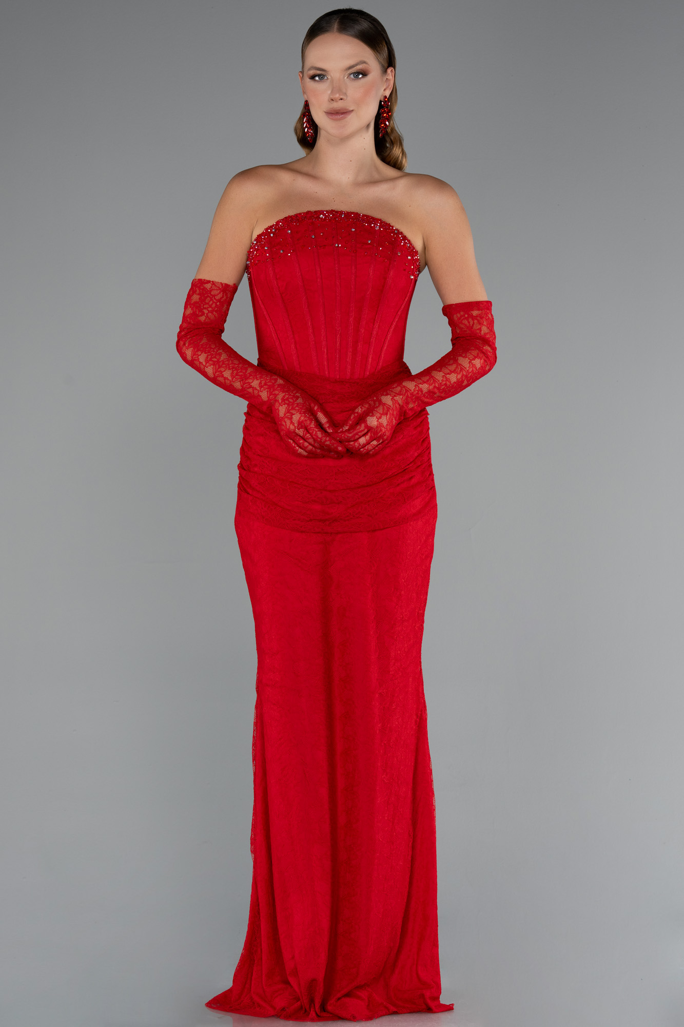 Kırmızı Taşlı Straplez Eldivenli Uzun Dantel Balık Abiye ABU5215