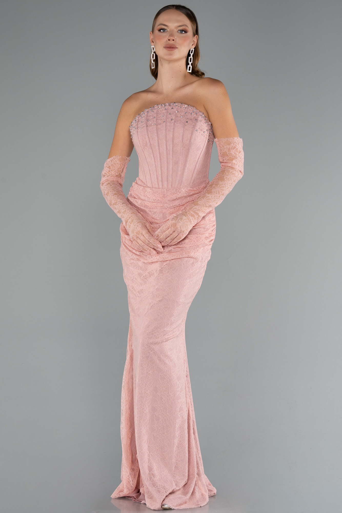 Pudra Taşlı Straplez Eldivenli Uzun Dantel Balık Abiye ABU5215 - Görsel 3