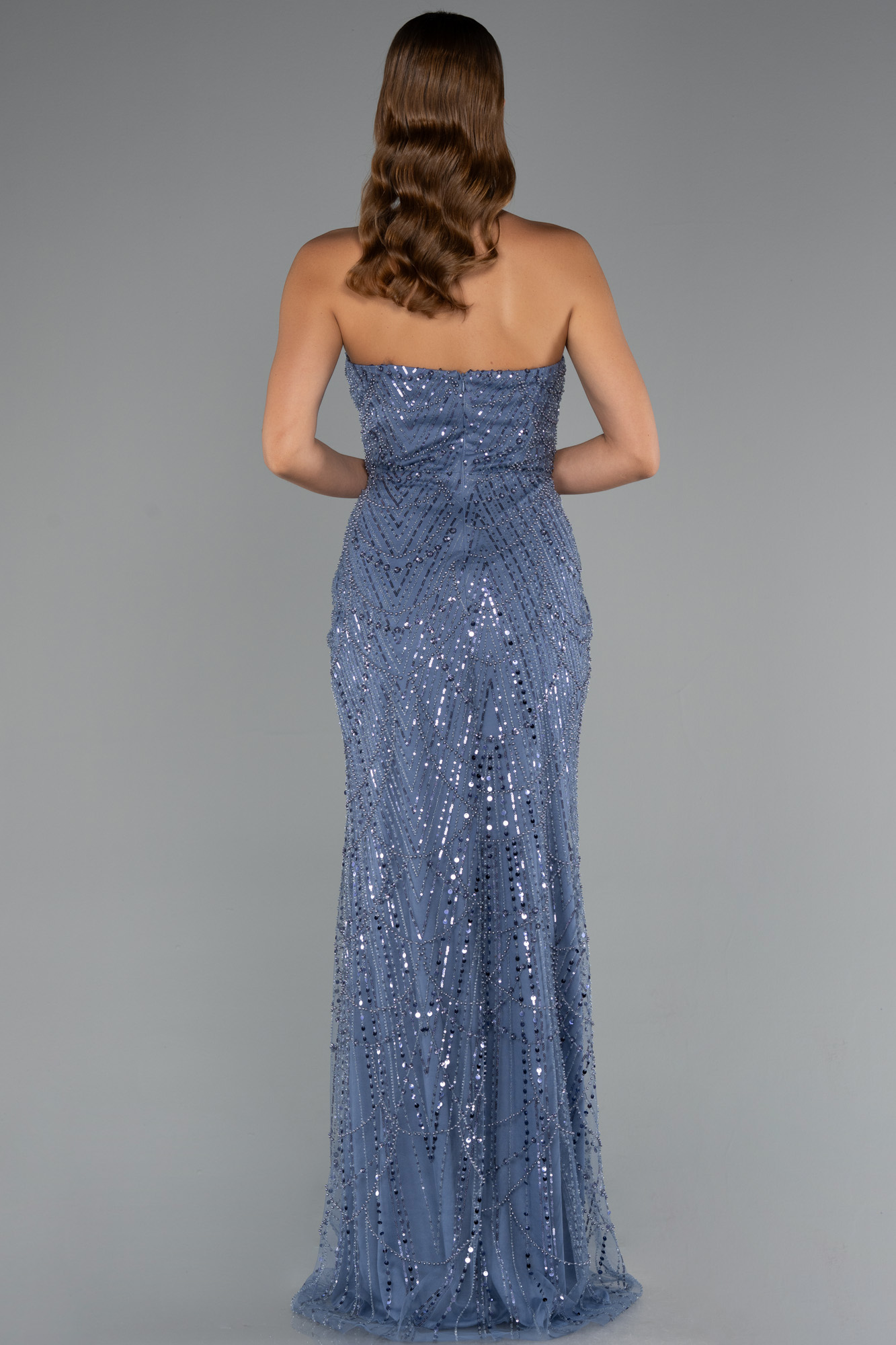 Gri-İndigo Straplez Uzun Şal Detay Boncuklu Abiye ABU5141 - Görsel 4