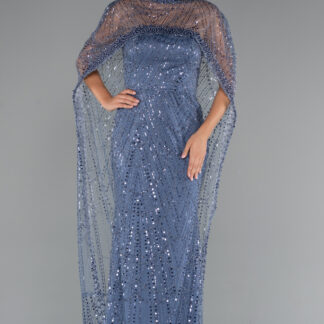 Gri-İndigo Straplez Uzun Şal Detay Boncuklu Abiye ABU5141