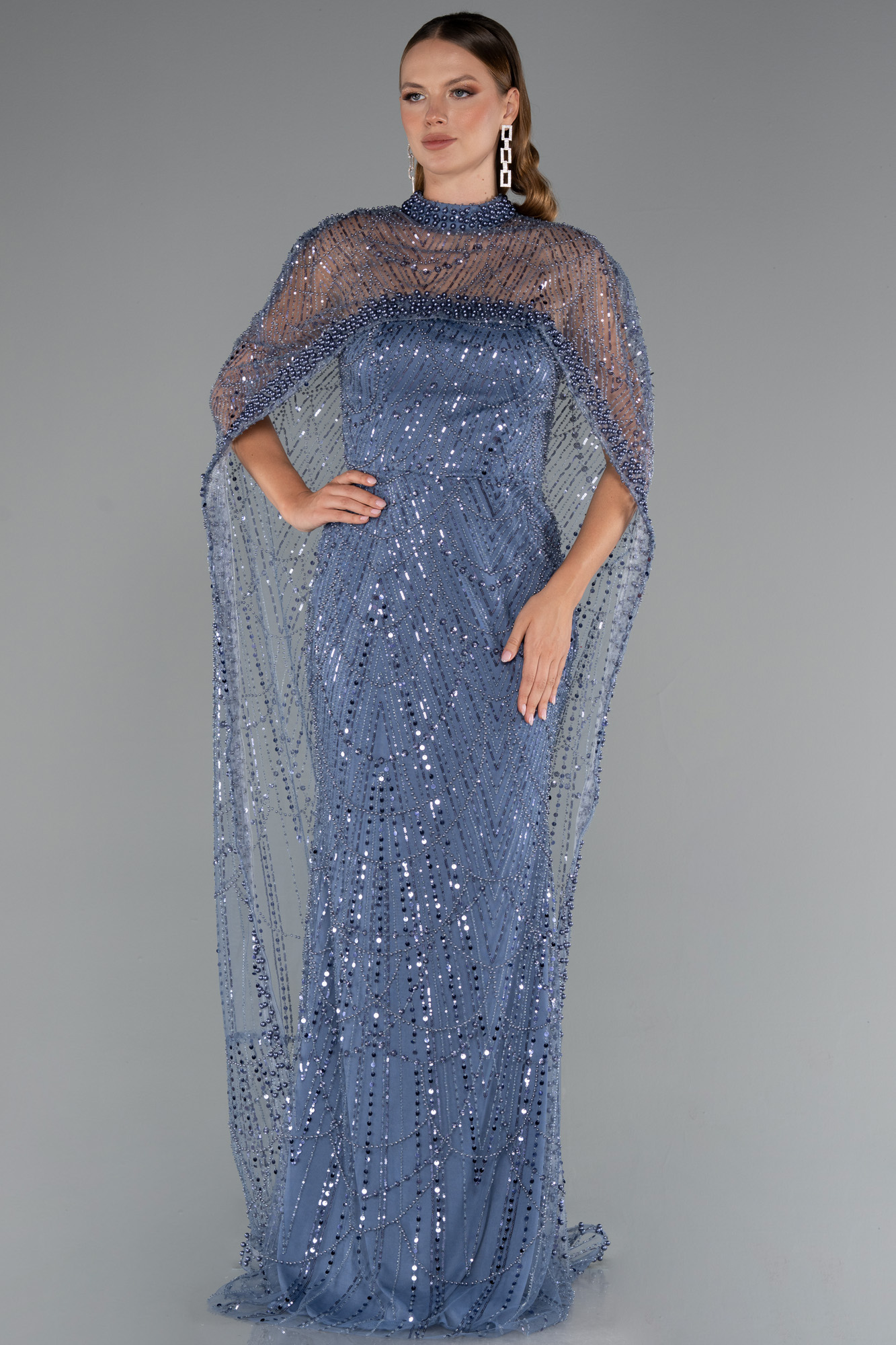 Gri-İndigo Straplez Uzun Şal Detay Boncuklu Abiye ABU5141