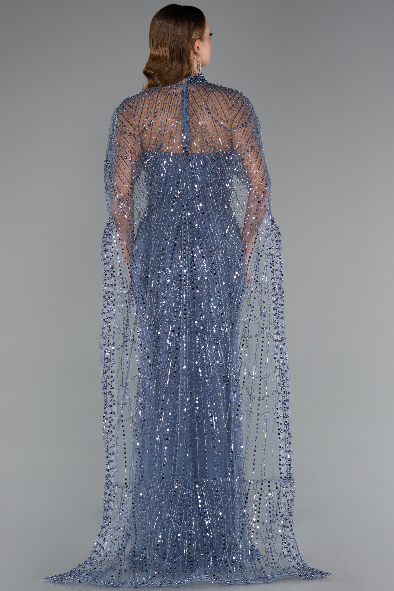 Gri-İndigo Straplez Uzun Şal Detay Boncuklu Abiye ABU5141 - Görsel 3