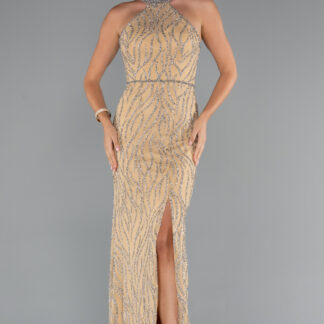 Gold Halter Yaka Bacak Dekolteli Uzun Simli Abiye ABU5213