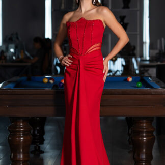 Kırmızı Taş İşlemeli Straplez Uzun Abiye Elbise ABU5227