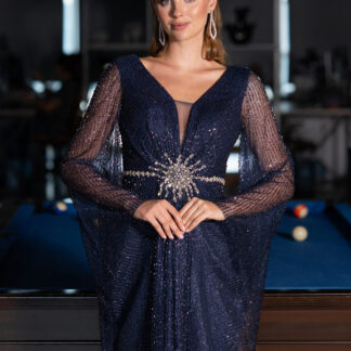 Lacivert Simli Uzun Kol Beli Taşlı Özel Tasarım Abiye ABU5230