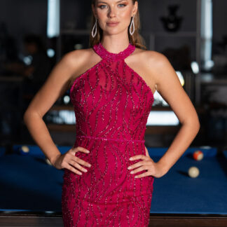 Fuşya Halter Yaka Bacak Dekolteli Uzun Simli Abiye ABU5213