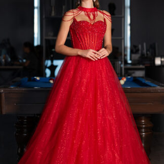 Kırmızı Taşlı Yaka Aksesuarlı Uzun Simli Nişanlık ABU5220