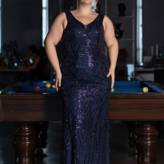 Lacivert Kolsuz Boncuklu Uzun Büyük Beden Abiye ABU5188