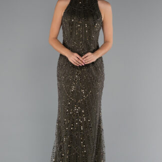 Koyu Haki Halter Yaka Boncuklu Uzun Balık Abiye ABU4791