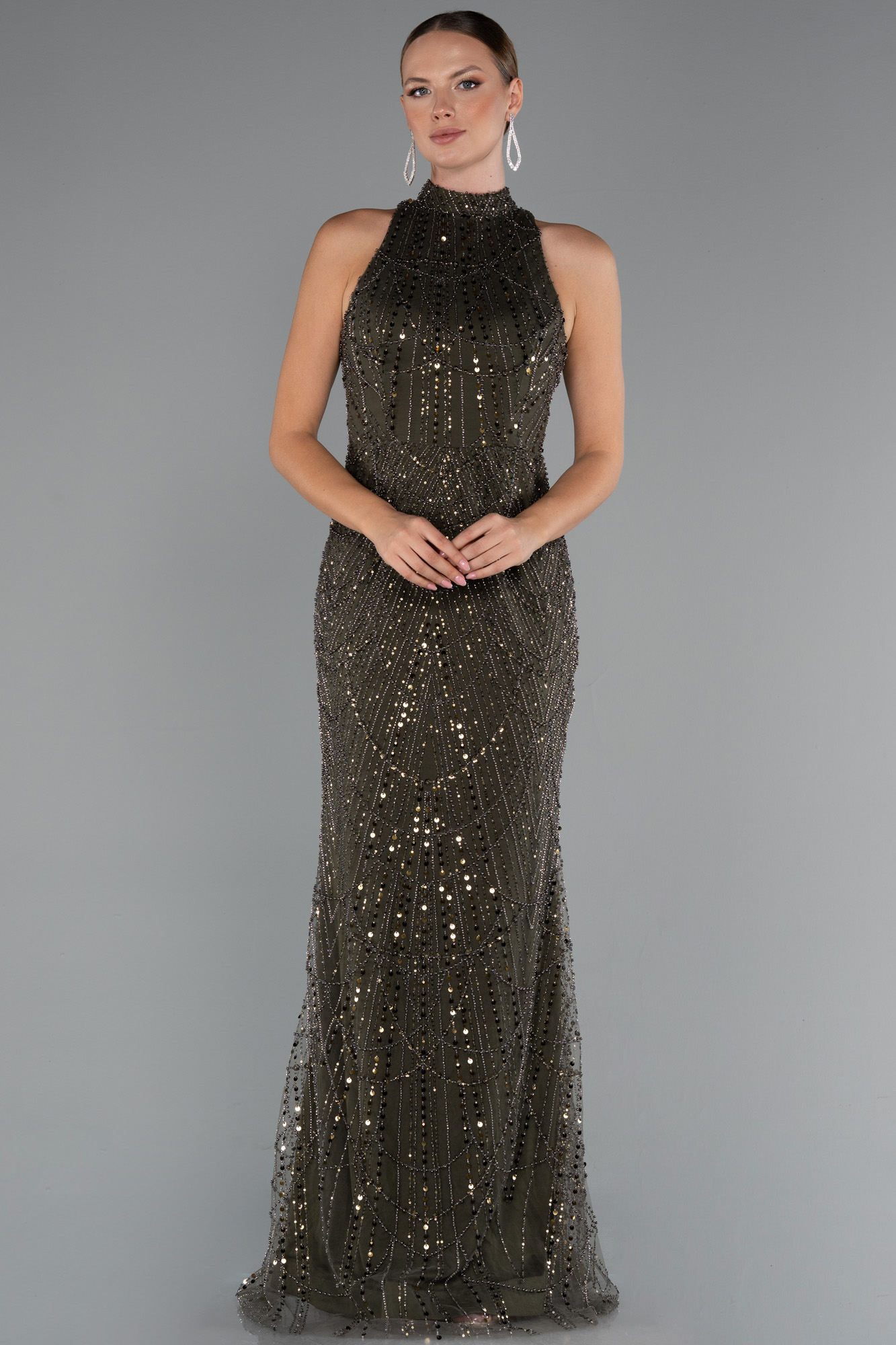 Koyu Haki Halter Yaka Boncuklu Uzun Balık Abiye ABU4791