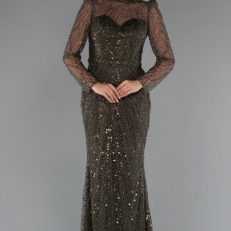 Haki Uzun Kol Dik Yaka Taşlı Özel Tasarım Abiye ABU4526