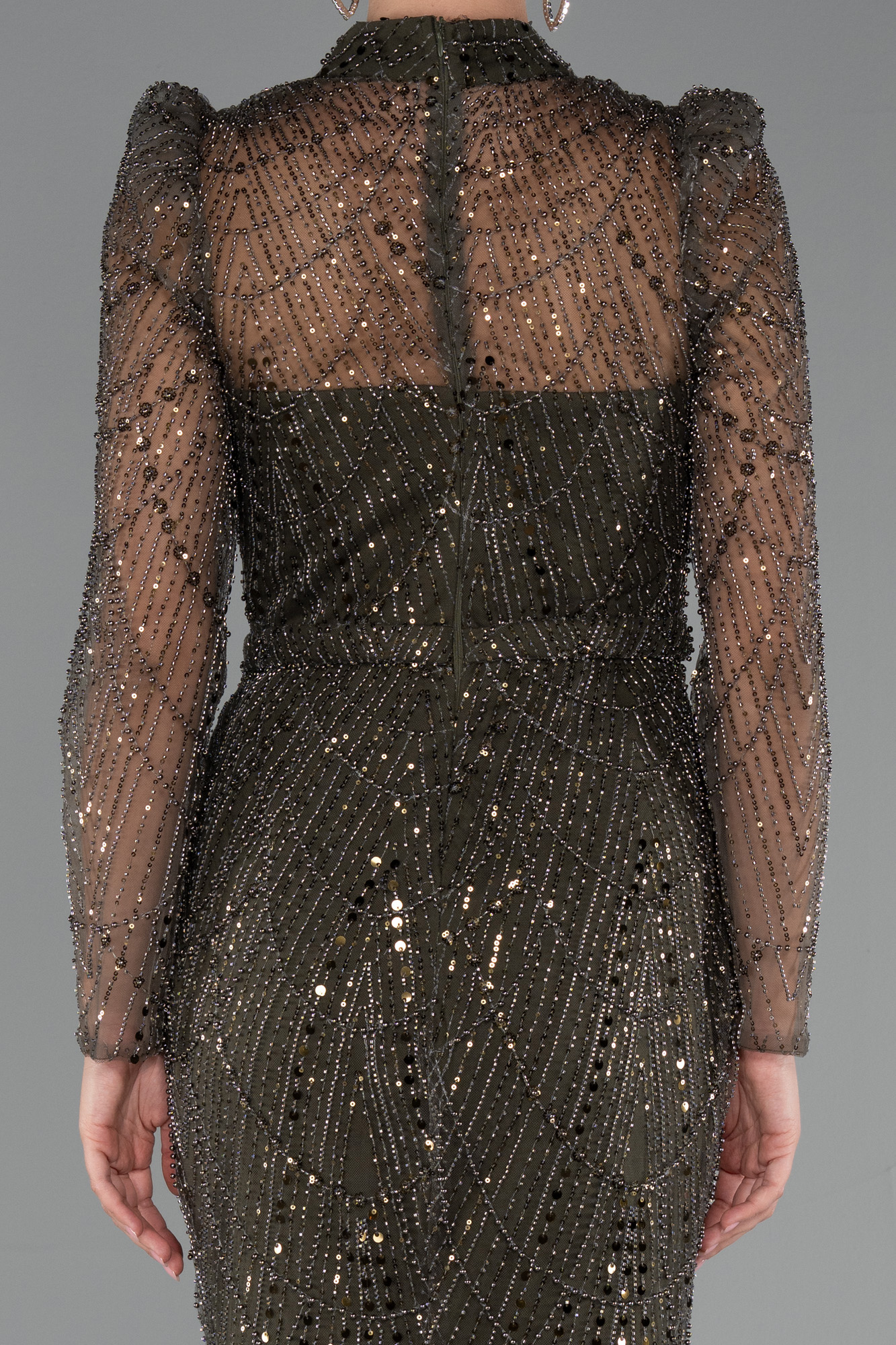 Haki Uzun Kol Dik Yaka Taşlı Özel Tasarım Abiye ABU4526 - Görsel 4