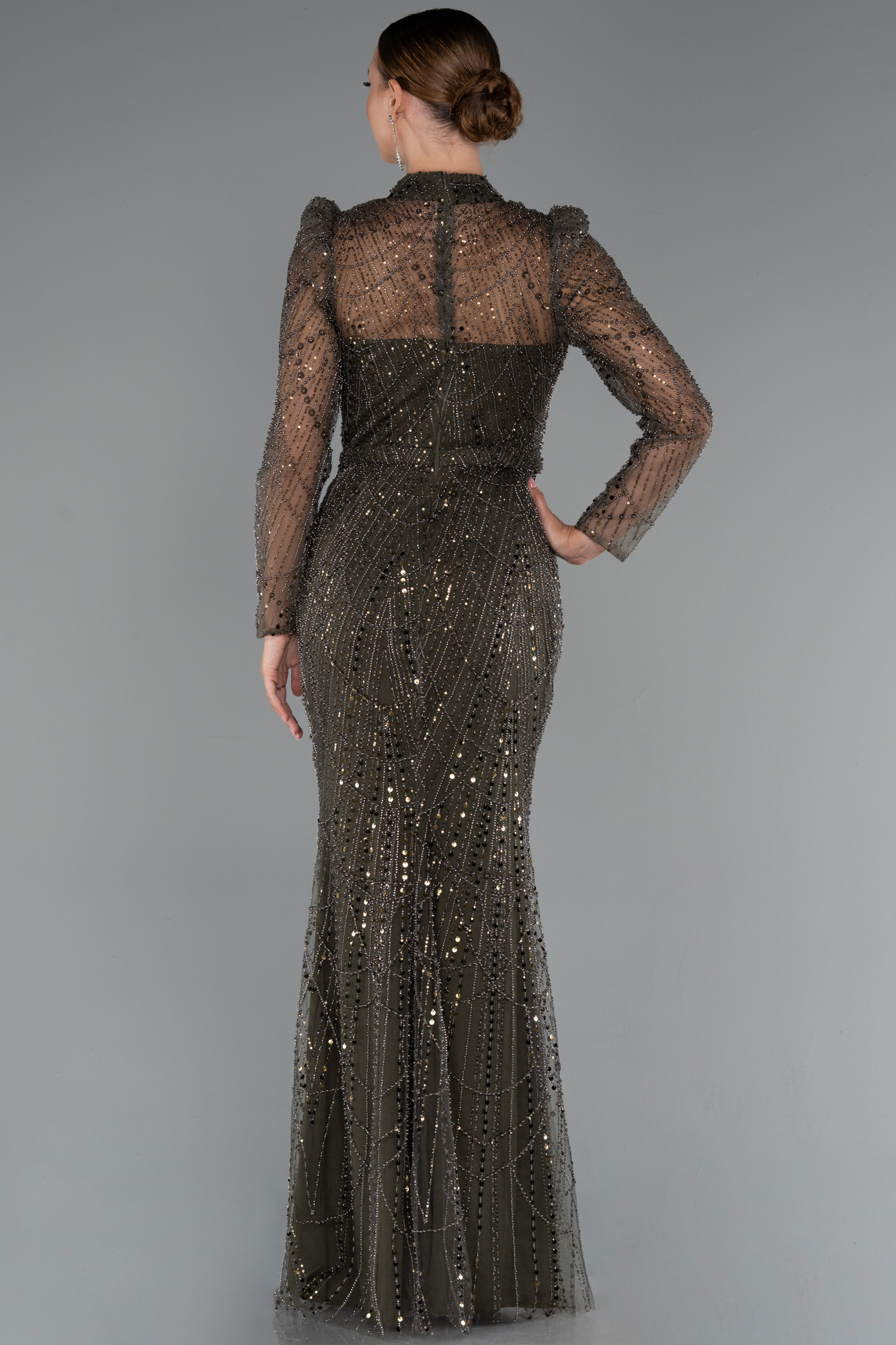 Haki Uzun Kol Dik Yaka Taşlı Özel Tasarım Abiye ABU4526 - Görsel 2