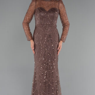 Kahve Uzun Kol Dik Yaka Taşlı Özel Tasarım Abiye ABU4526