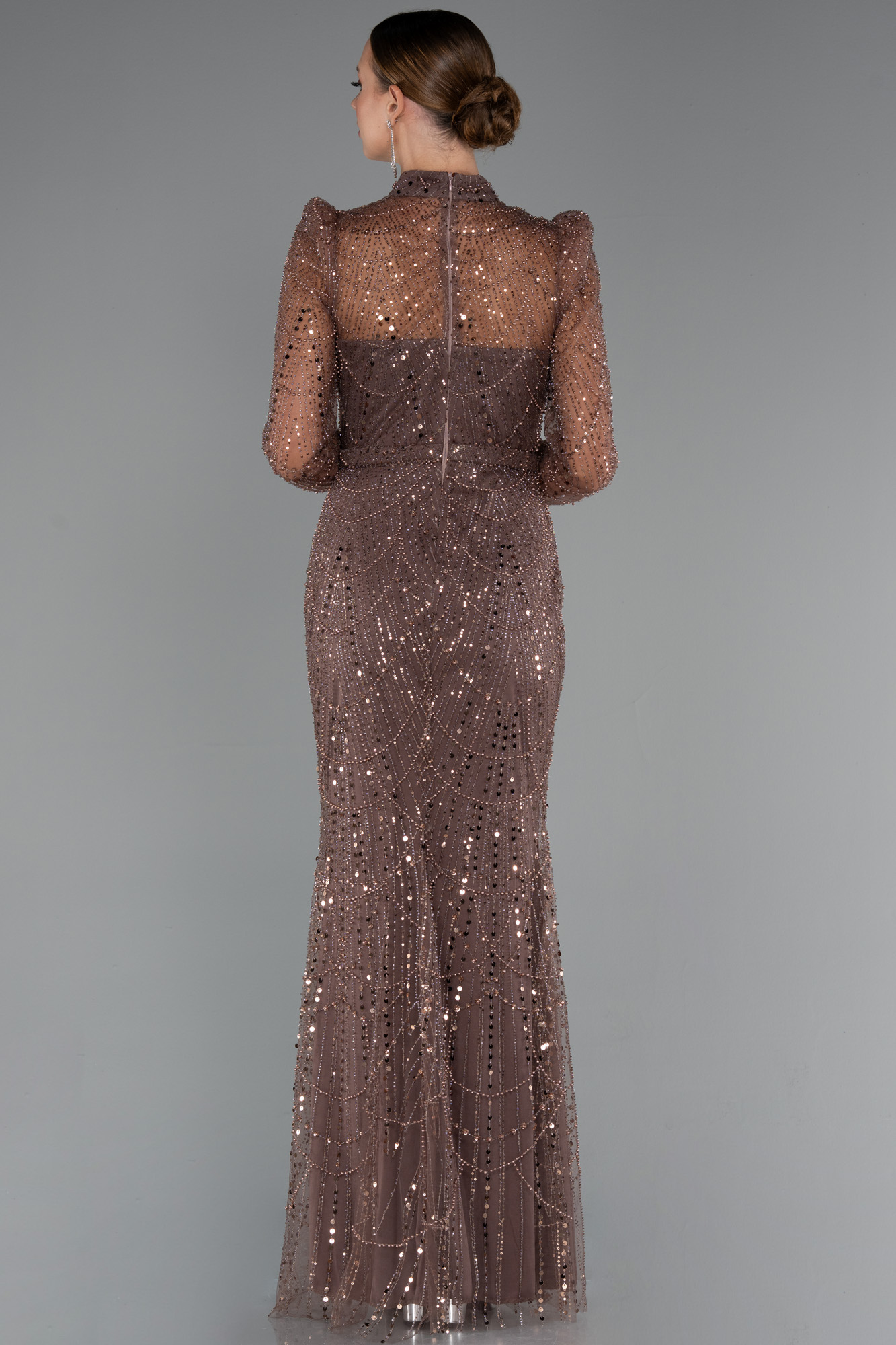 Kahve Uzun Kol Dik Yaka Taşlı Özel Tasarım Abiye ABU4526 - Görsel 2