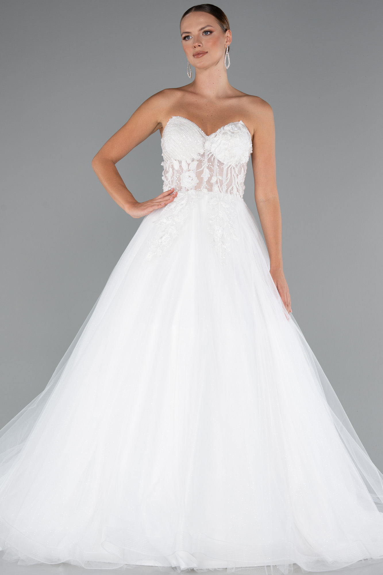 Ekru Straplez Çiçek Aplikeli Uzun Prenses Gelinlik ABG154 - Görsel 2