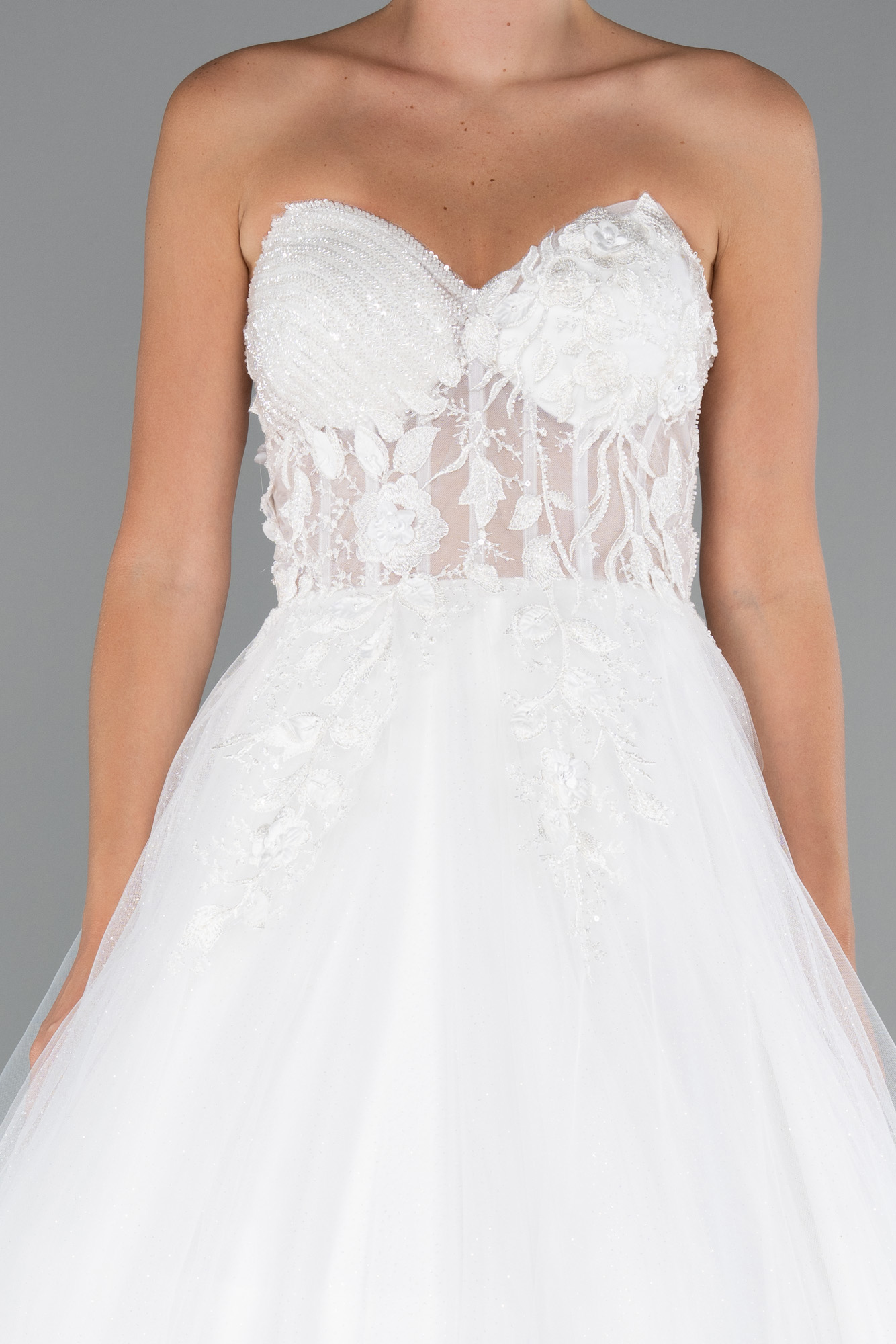 Ekru Straplez Çiçek Aplikeli Uzun Prenses Gelinlik ABG154 - Görsel 4