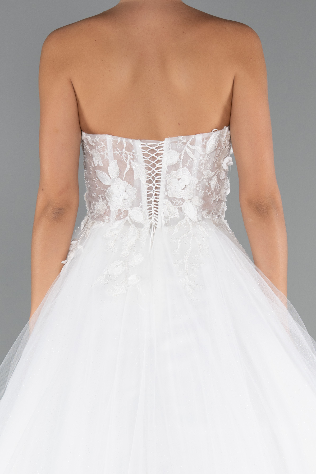 Ekru Straplez Çiçek Aplikeli Uzun Prenses Gelinlik ABG154 - Görsel 5