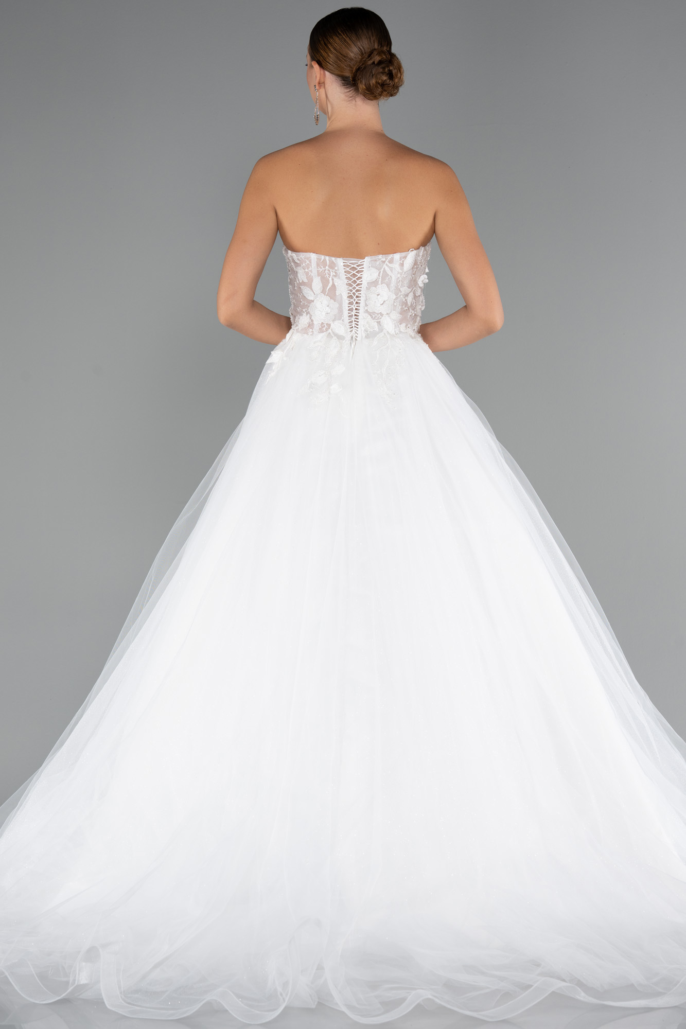 Ekru Straplez Çiçek Aplikeli Uzun Prenses Gelinlik ABG154 - Görsel 3